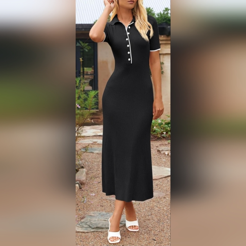 Merokeety Women's V-Neck Black Ribbed Knit Maxi Dress Bodycon Office/Carrer Med - Picture 9 of 16